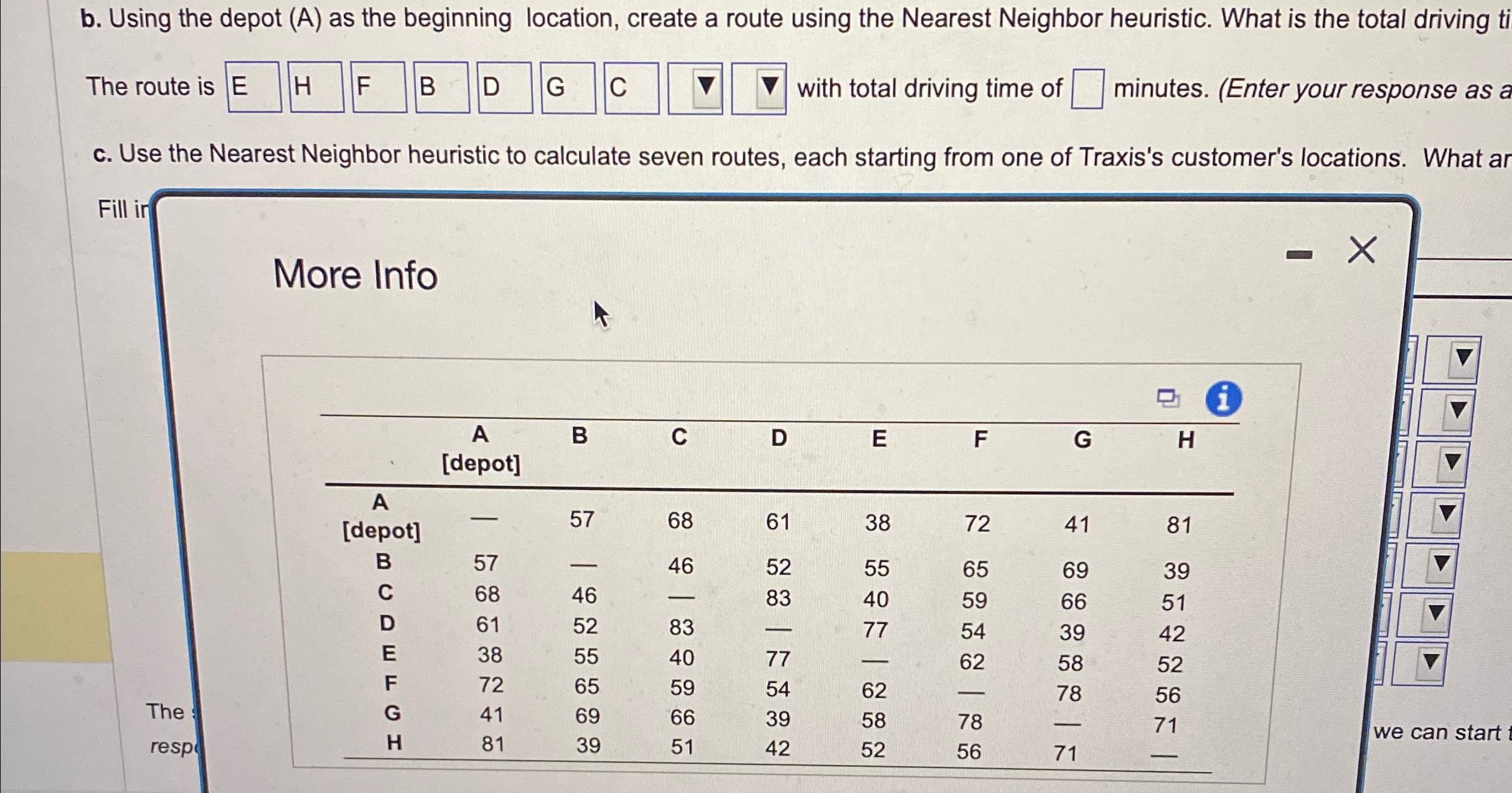  b. Using the depot(A) as the beginning location, create a route