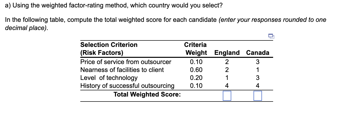 a) Using the weighted factor-rating method, which country would you select?