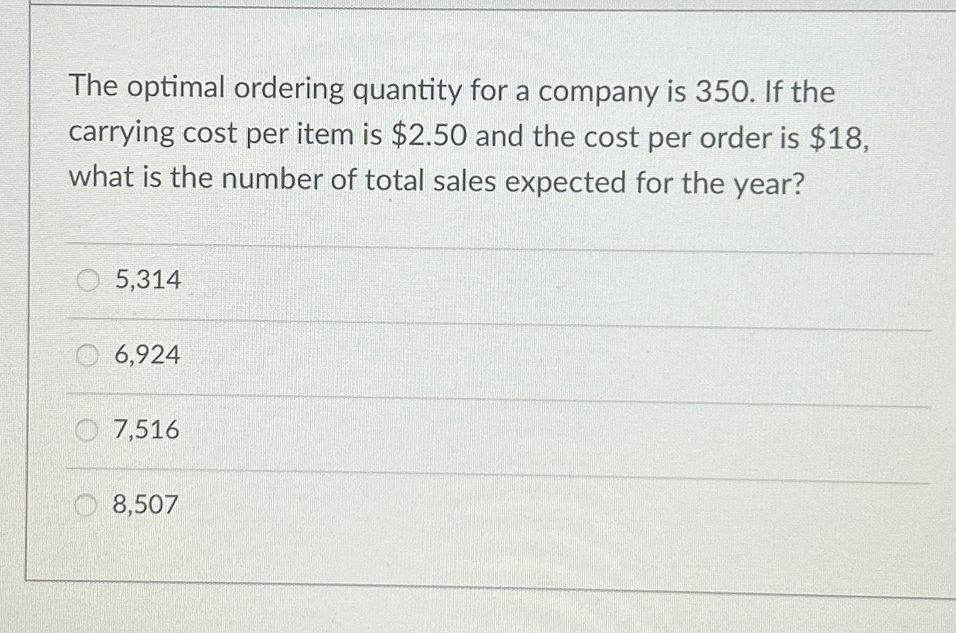  The optimal ordering quantity for a company is 350. If the