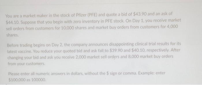 Please help! You are a market maker in the stock of Pfizer