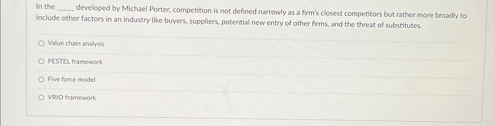  In the developed by Michael Porter, competition is not defined narrowly
