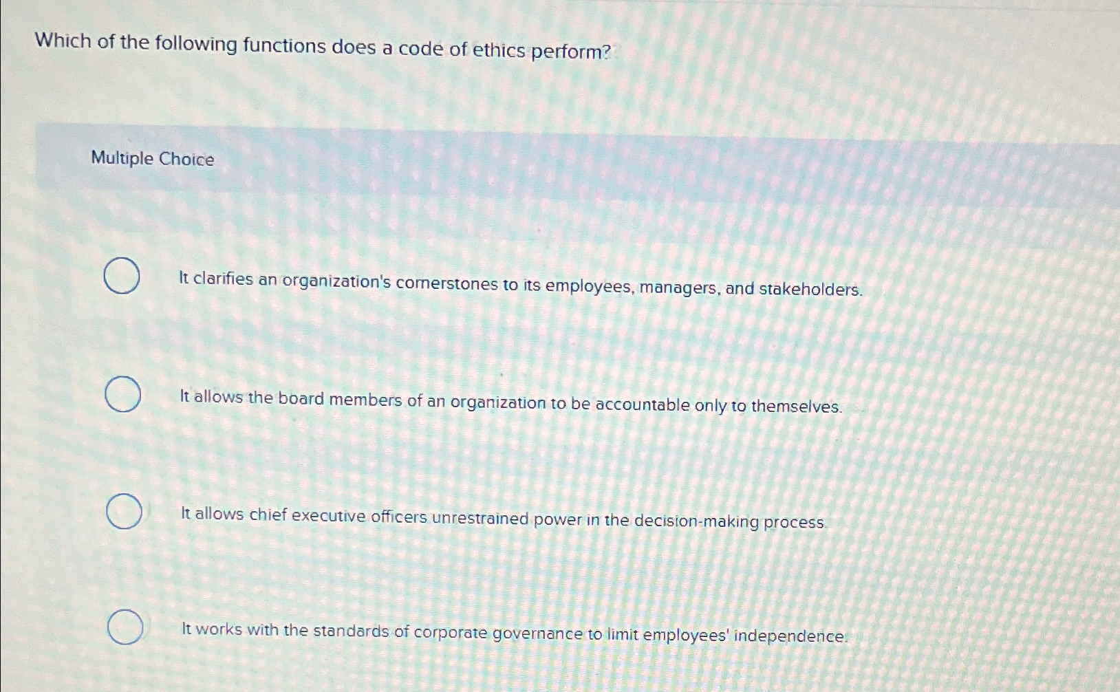  Which of the following functions does a code of ethics perform?