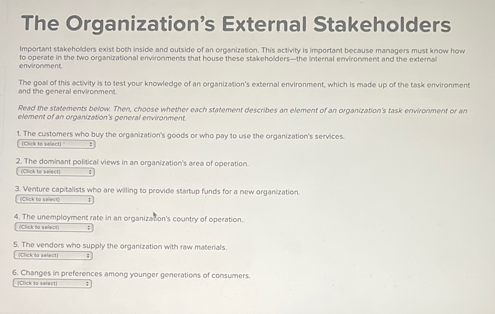  The Organization's External Stakeholders Important stakeholders exist both inside and outside