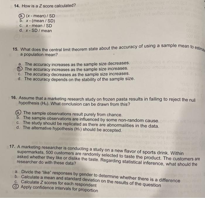  14. How is a Z score calculated? (a.) \\( (x \\)