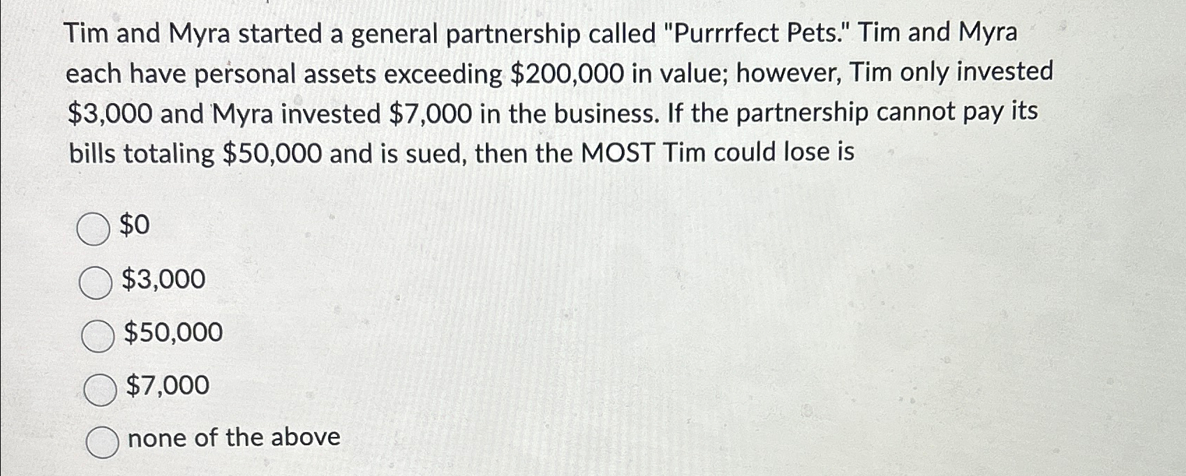  Tim and Myra started a general partnership called "Purrrfect Pets." Tim