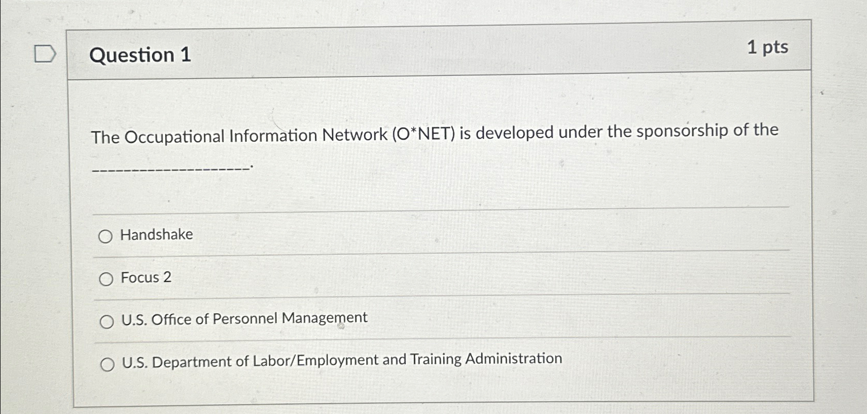  Question 1 1 pts The Occupational Information Network (O*NET) is developed