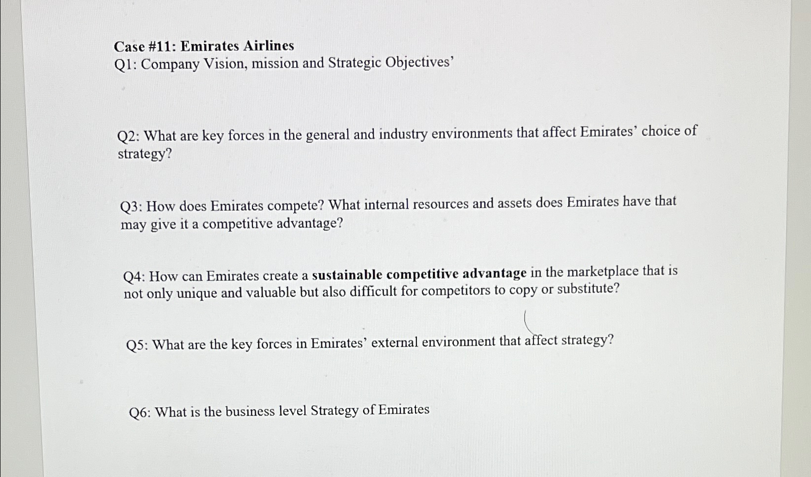  Case #11: Emirates Airlines Q1: Company Vision, mission and Strategic Objectives'