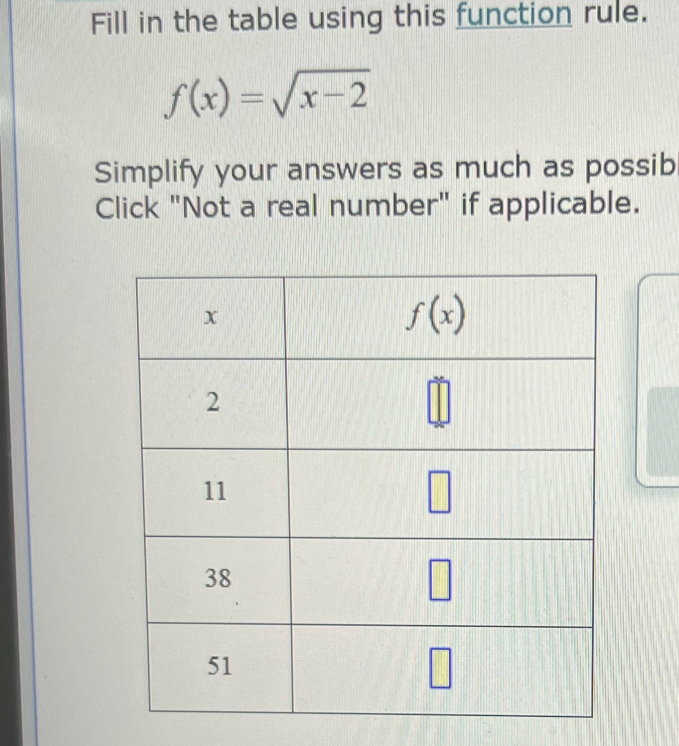 Fill in the table using this function rule Fill in the table