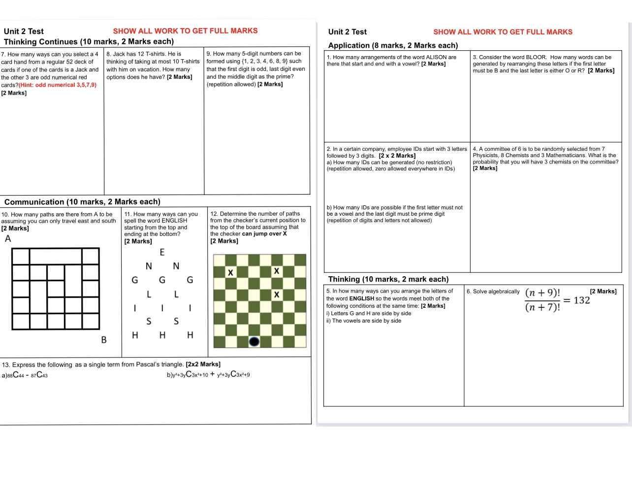  Unit 2 Test SHOW ALL WORK TO GET FULL MARKS Unit