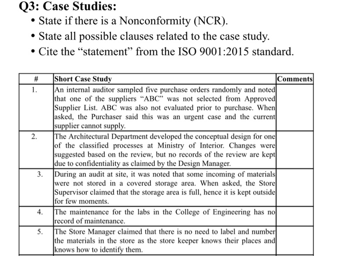  Q3: Case Studies: State if there is a Nonconformity (NCR). State