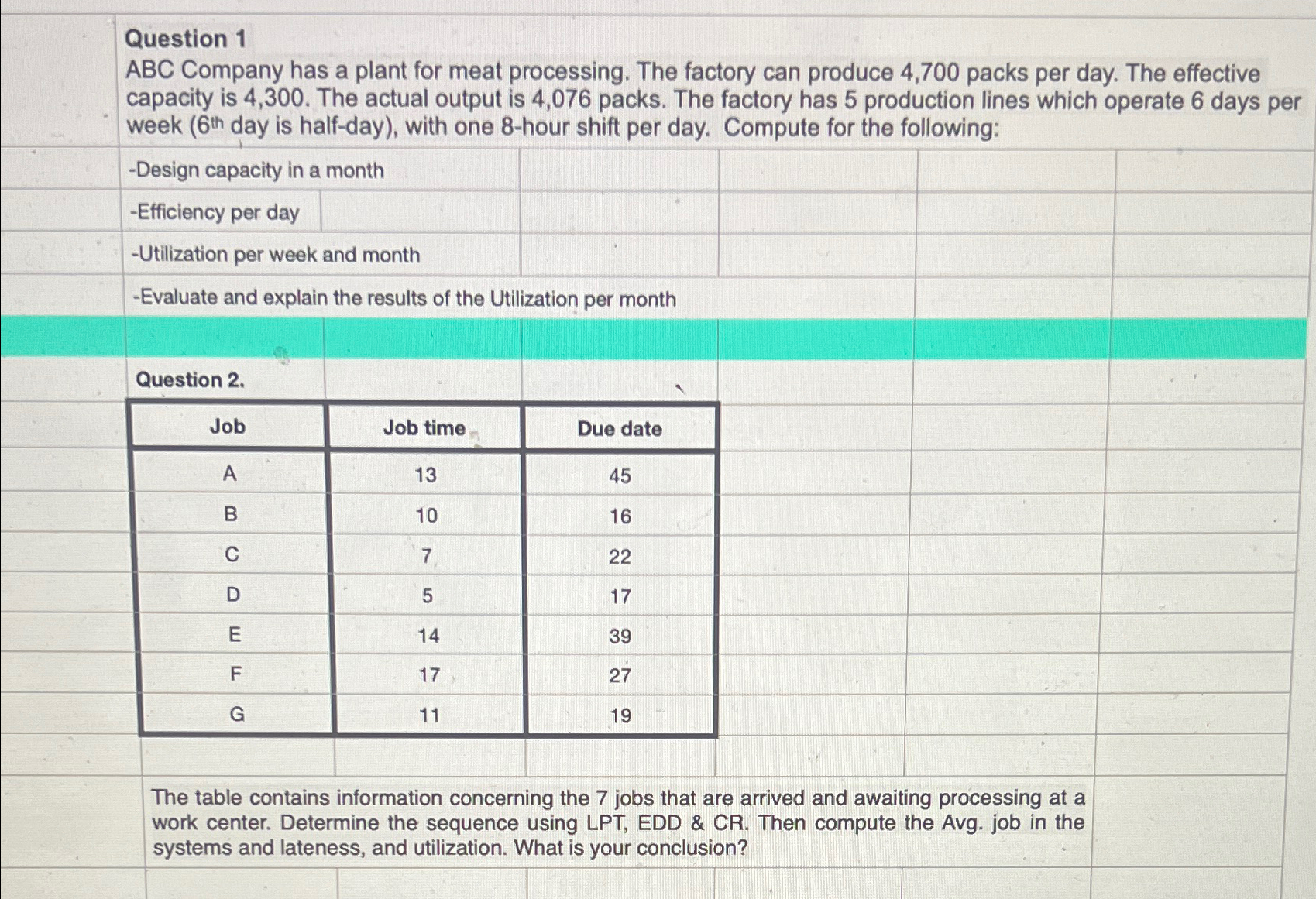  Question 1 ABC Company has a plant for meat processing. The