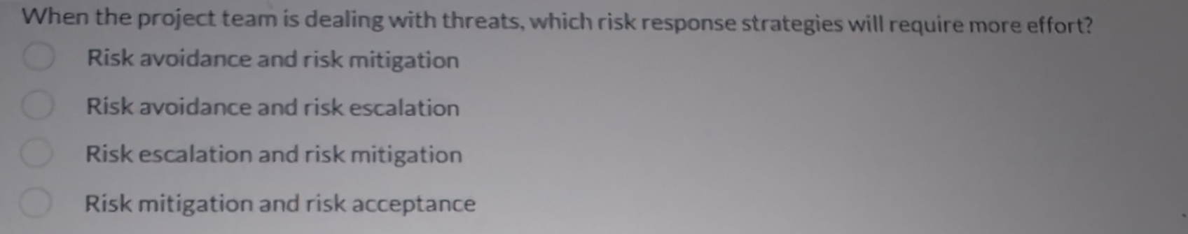  When the project team is dealing with threats, which risk response
