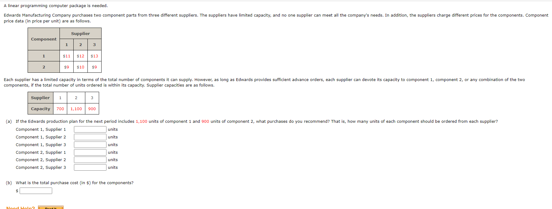  A linear programming computer package is needed. price data (in price