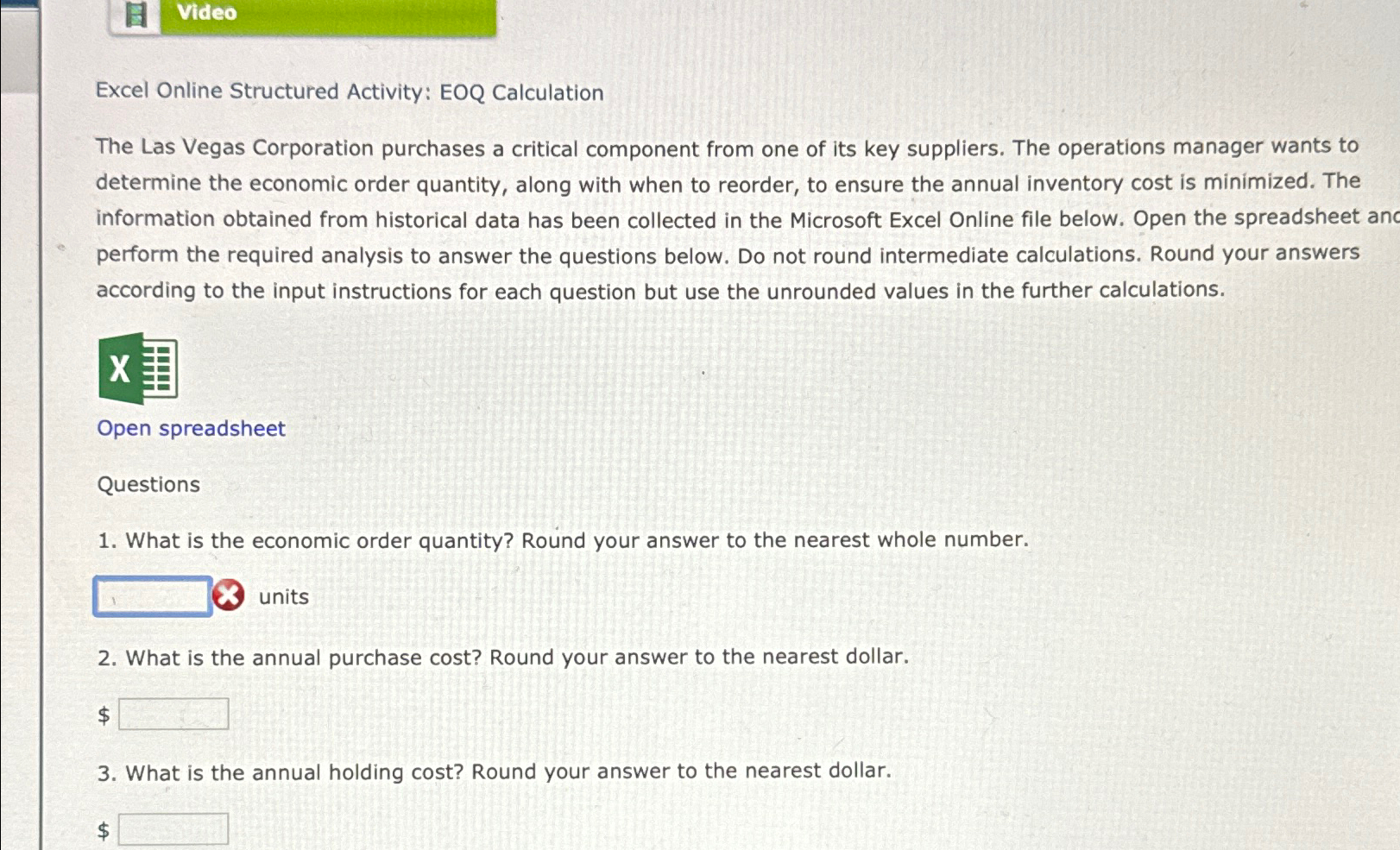 Video Excel Online Structured Activity: EOQ Calculation The Las Vegas Corporation