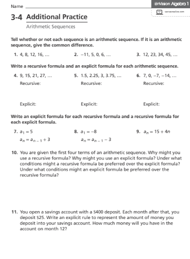 Name enVision Alpabra 1 3-4 Additional Practice Arithmetic Sequences Tell whether