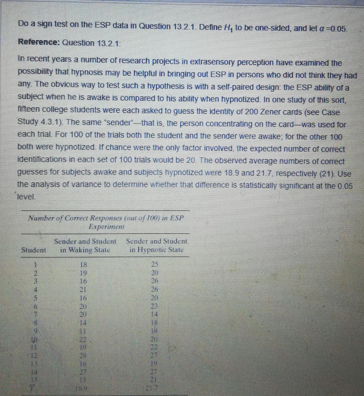  Do a sign test on the ESP data in Question 13.2.1.