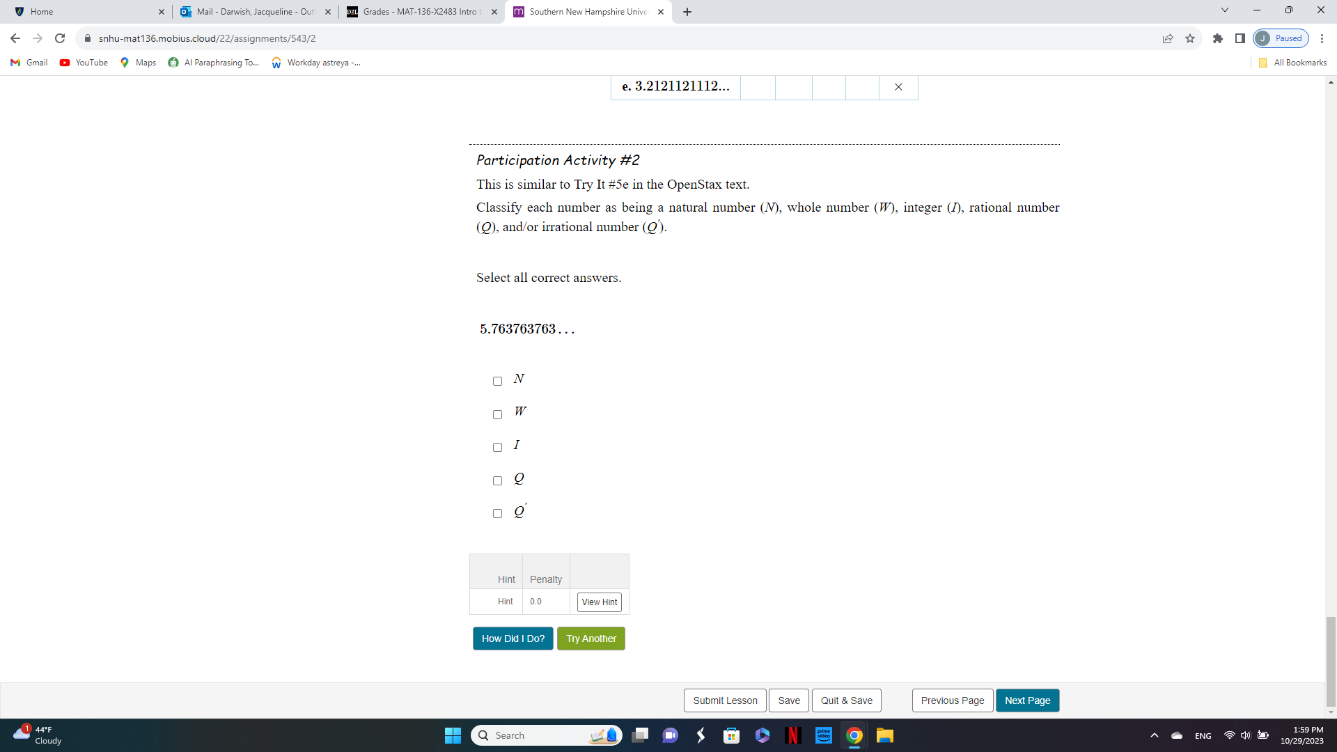 0.0 View Hint How Did I Do? Try Another Submit Lesson Save