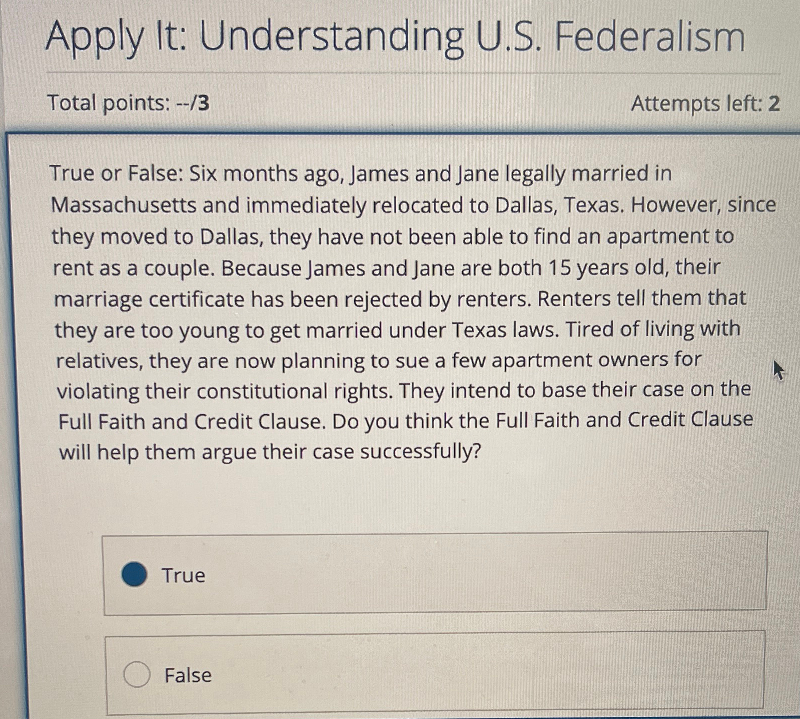 Apply It: Understanding U.S. Federalism Total points: --/3 Attempts left: 2