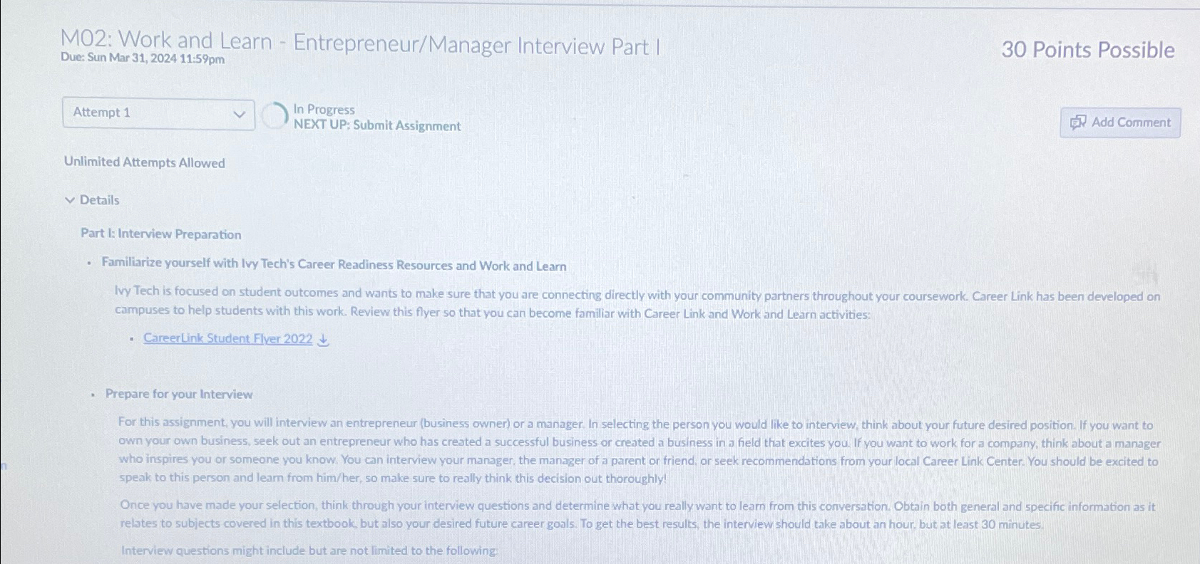  M02: Work and Learn - Entrepreneur/Manager Interview Part I Due: Sun