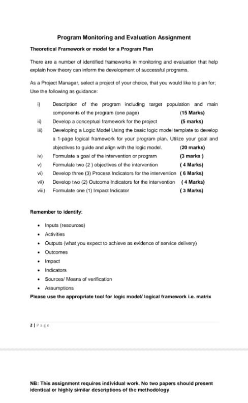 Program Monitoring and Evaluation Assignment Theoretical Framework or model for a