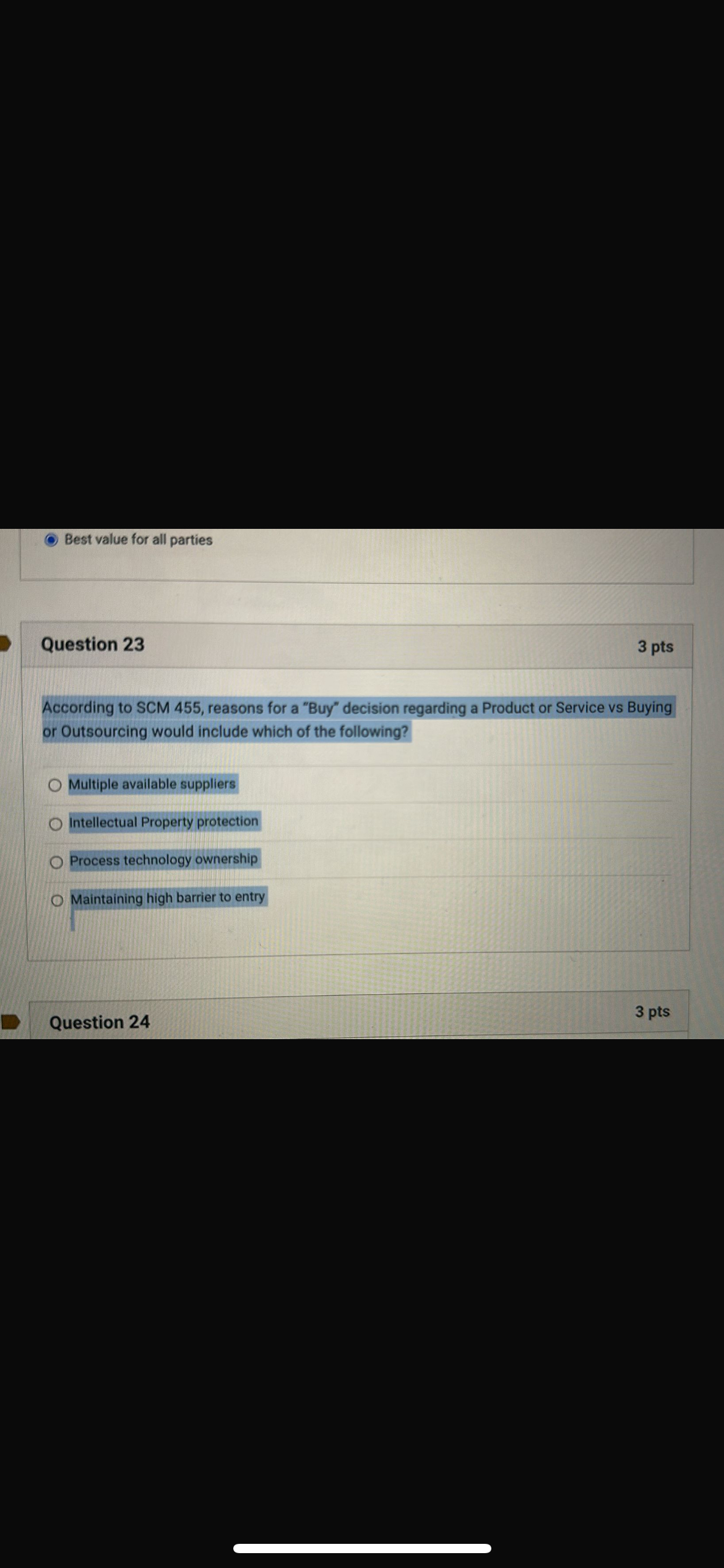  Best value for all parties Question 23 3 pts According to