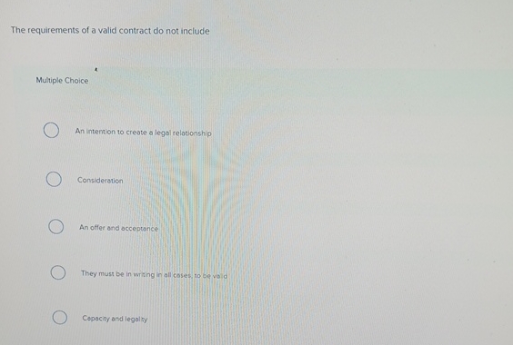  The requirements of a valid contract do not include Multiple Choice