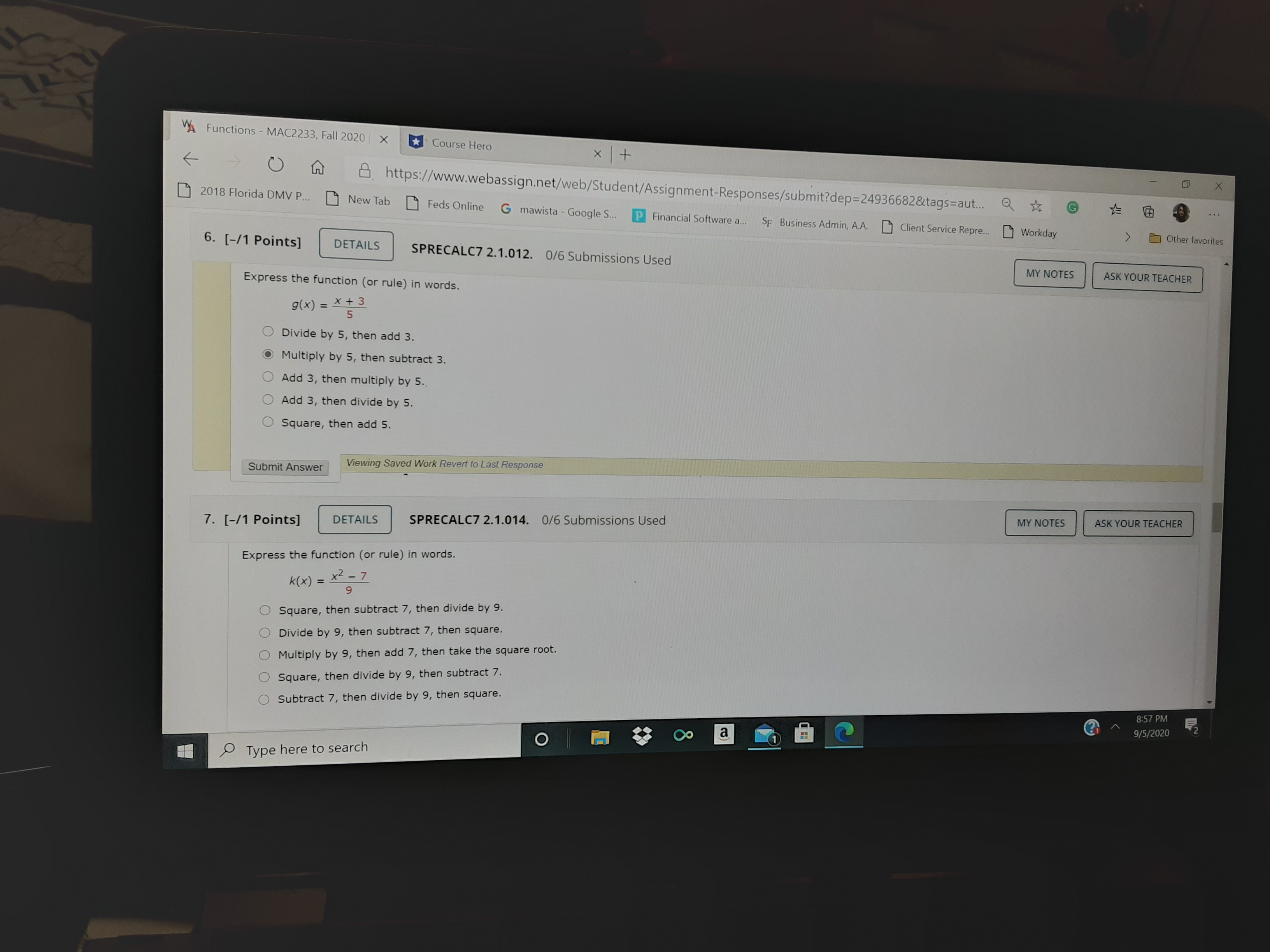 Answer question number 6 and 7 WA Functions - MAC2233, Fall 2020