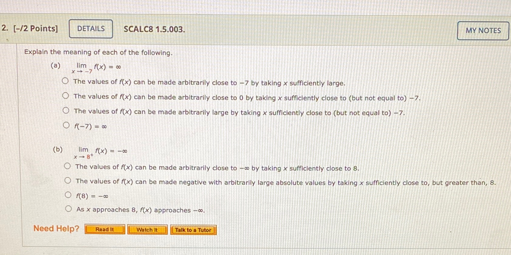  2. [-/2 Points] DETAILS SCALC8 1.5.003. MY NOTES Explain the meaning