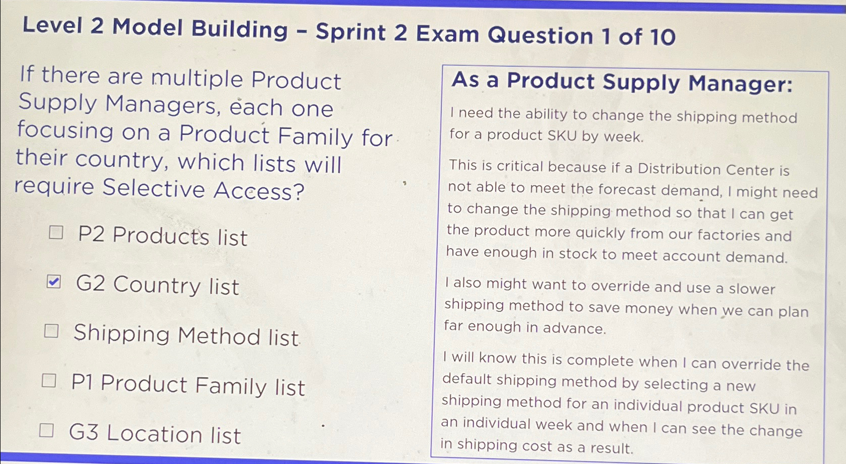  Level 2 Model Building - Sprint 2 Exam Question 1 of