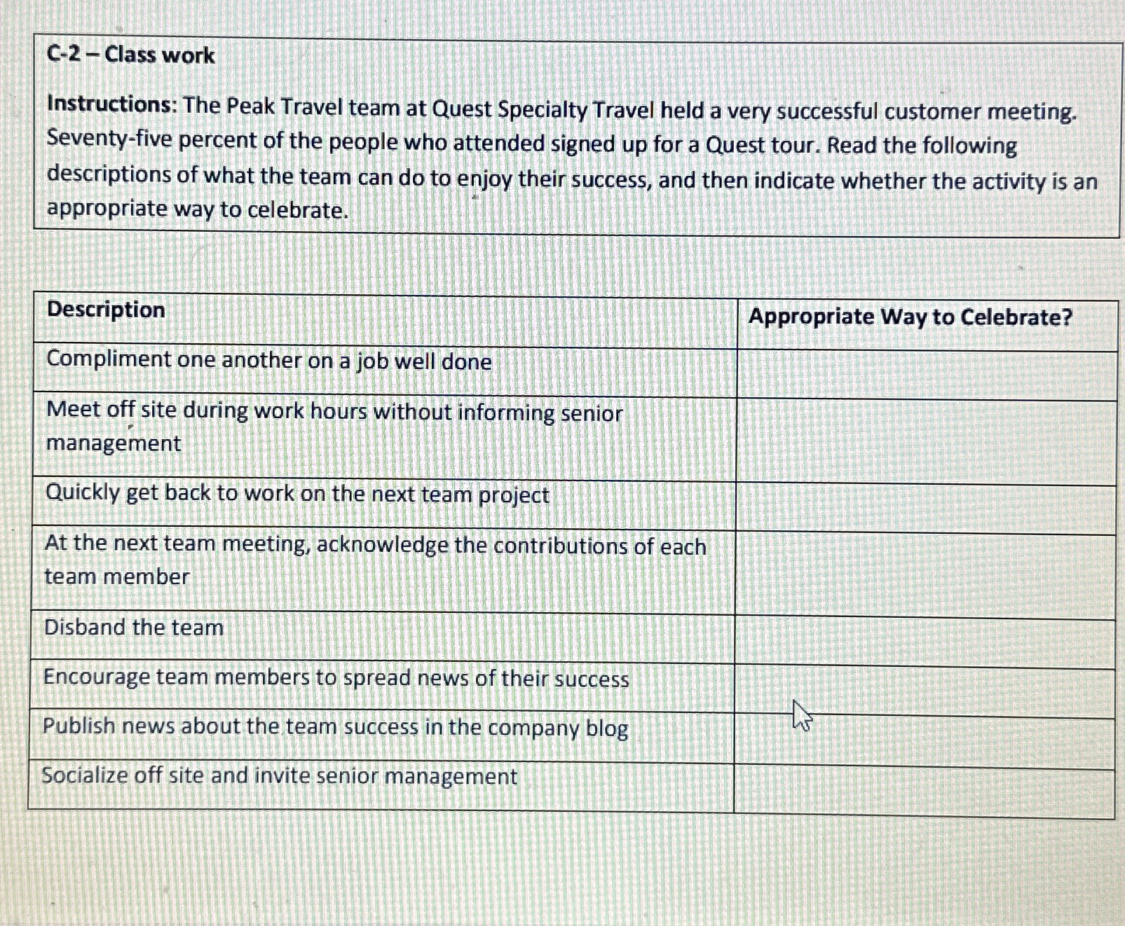  C-2- Class work Instructions: The Peak Travel team at Quest Specialty