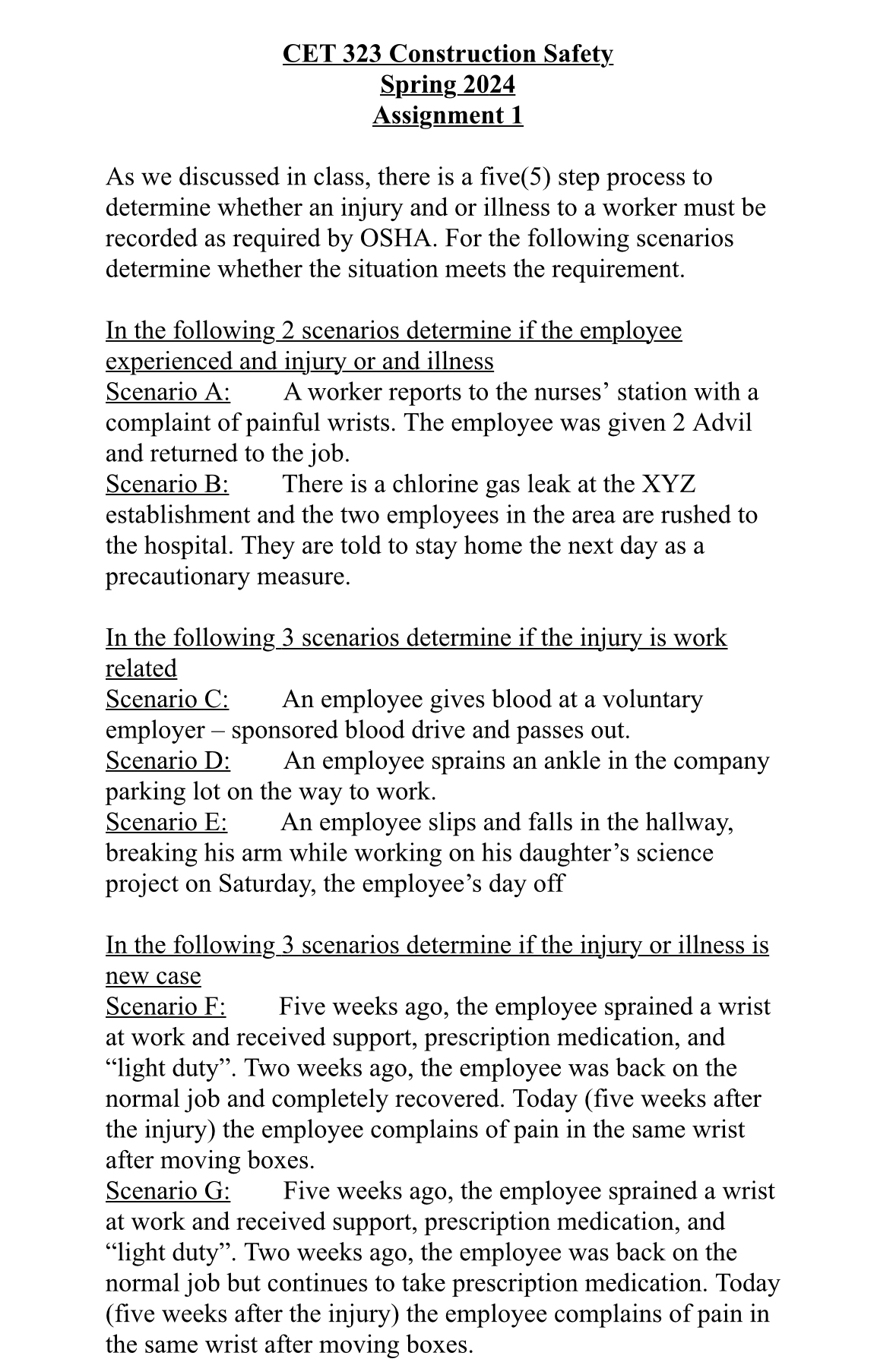  CET 323 Construction Safety Spring 2024 Assignment 1 As we discussed