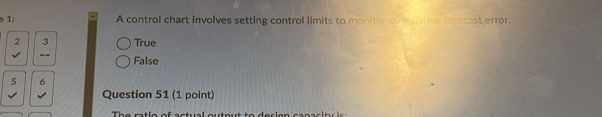  A control chart involves setting control limits to monitor cululative fiorecast