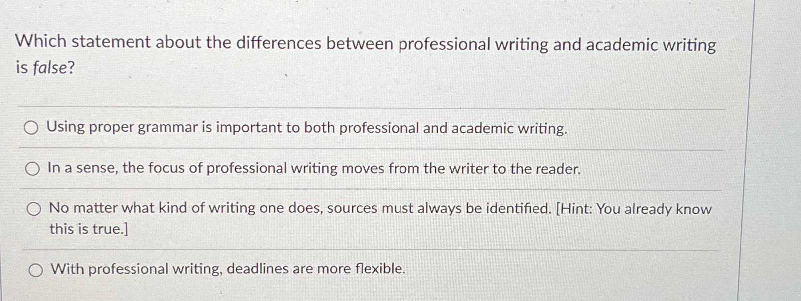  Which statement about the differences between professional writing and academic writing