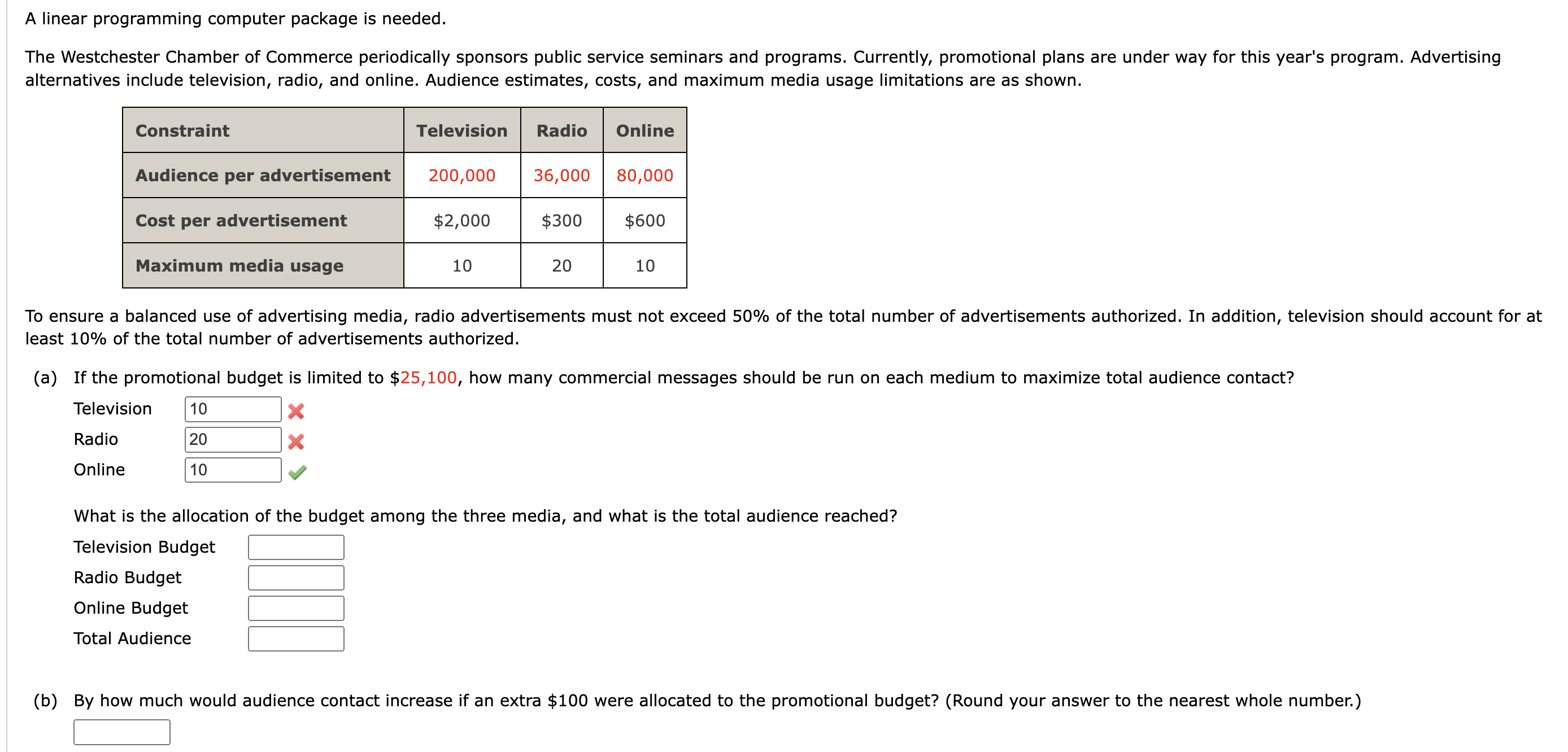  A linear programming computer package is needed. The Westchester Chamber of