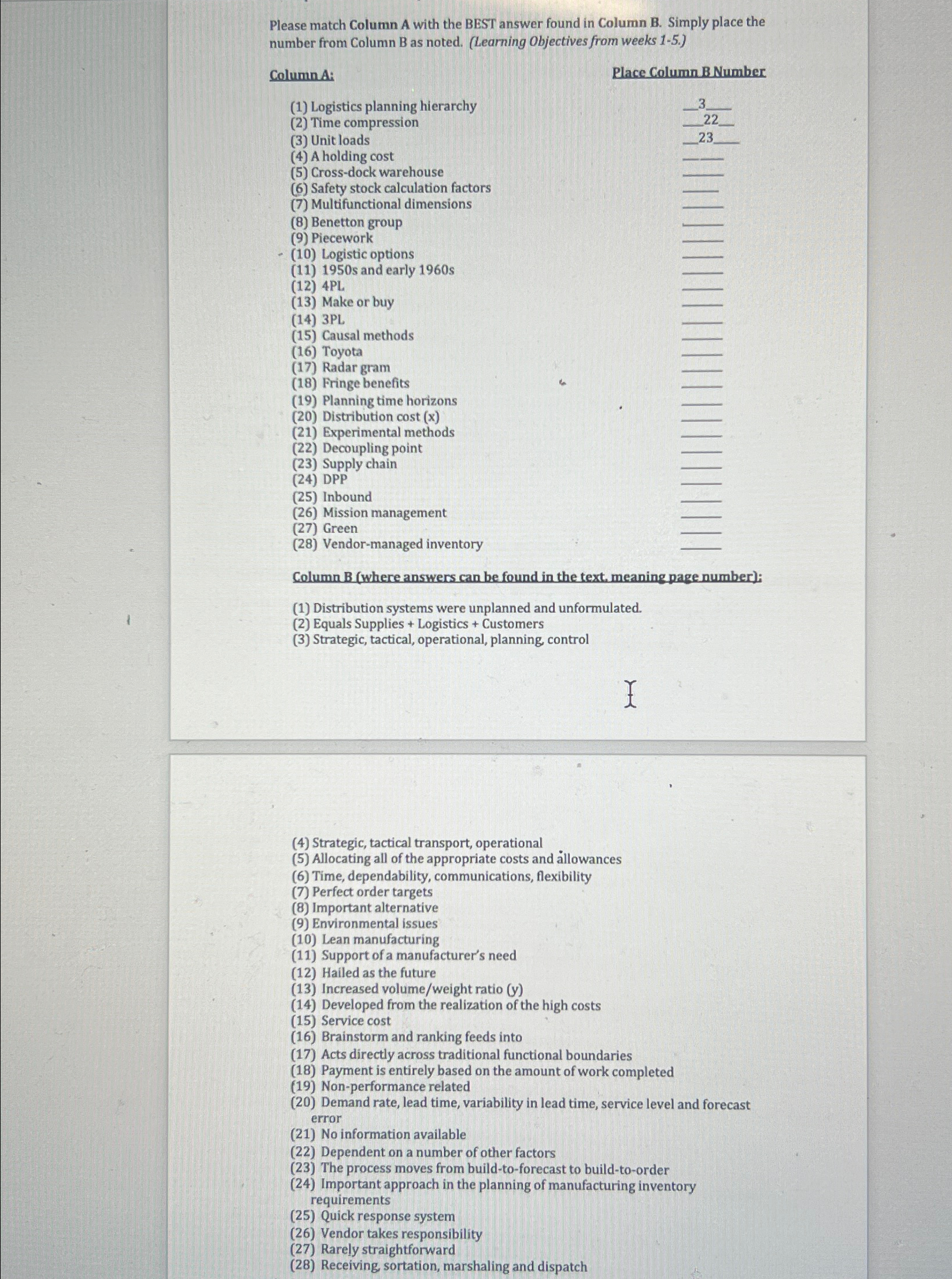  Please match Column A with the BEST answer found in Column