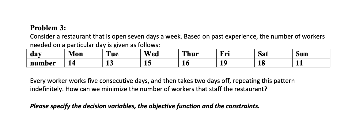  Problem 3: Consider a restaurant that is open seven days a