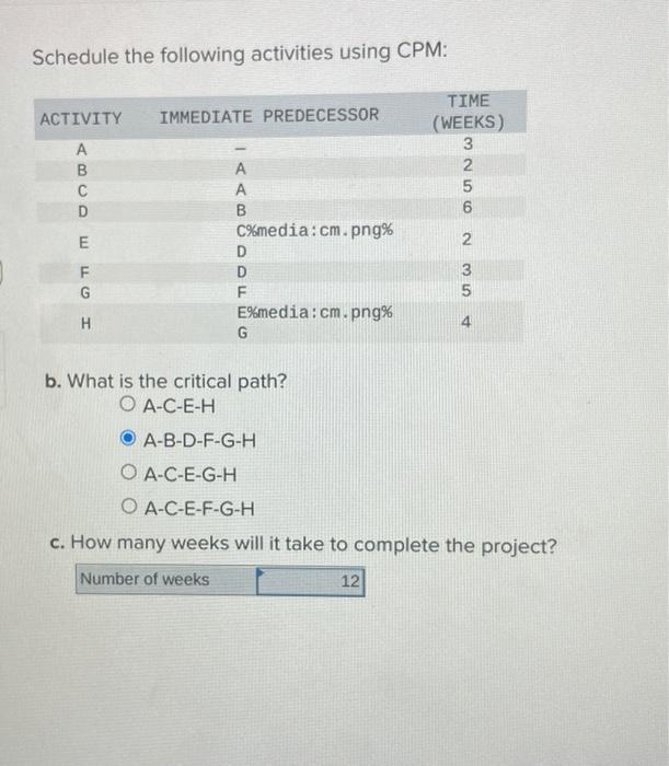  Schedule the following activities using CPM: ACTIVITY IMMEDIATE PREDECESSOR TIME (WEEKS)