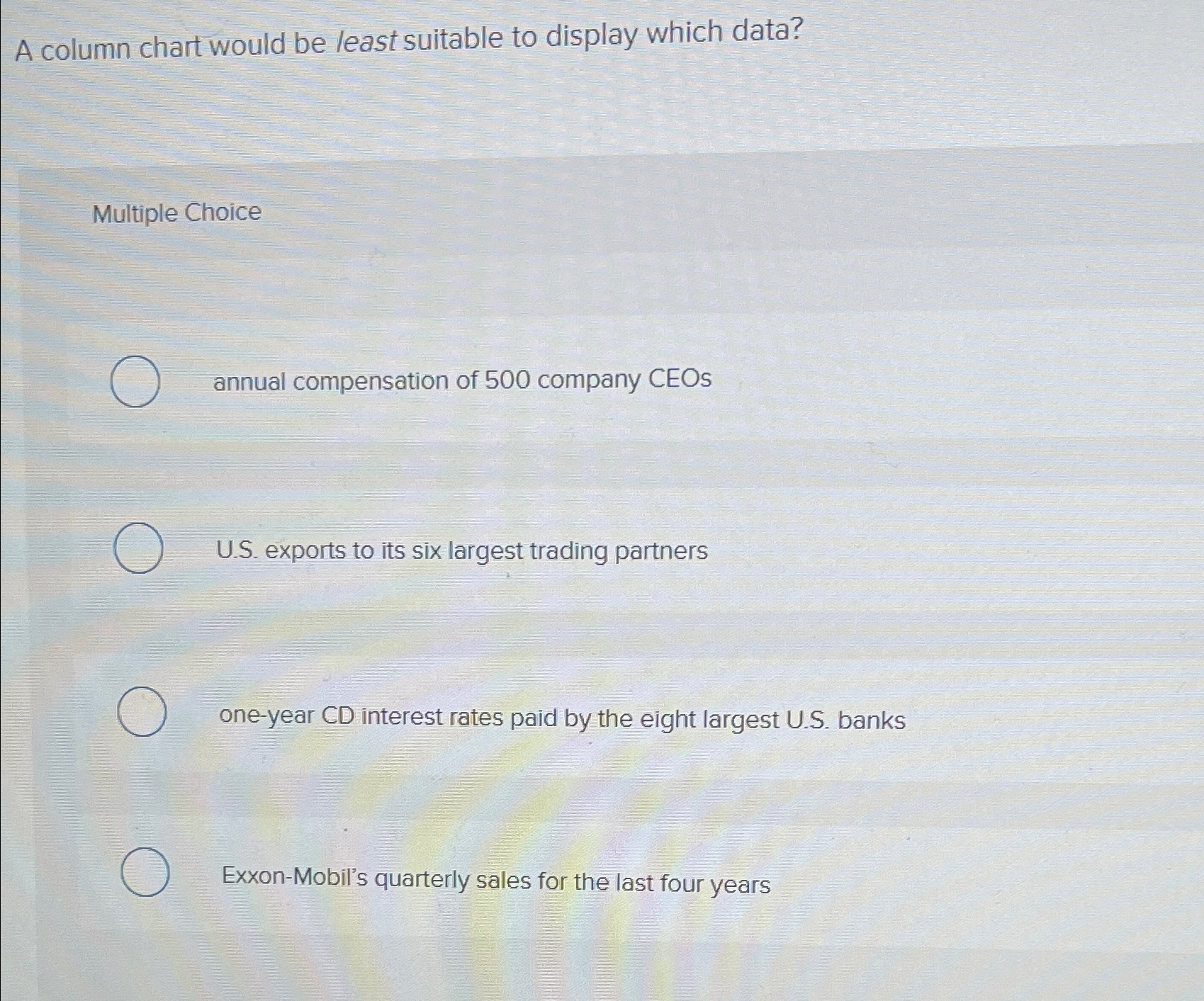  A column chart would be least suitable to display which data?