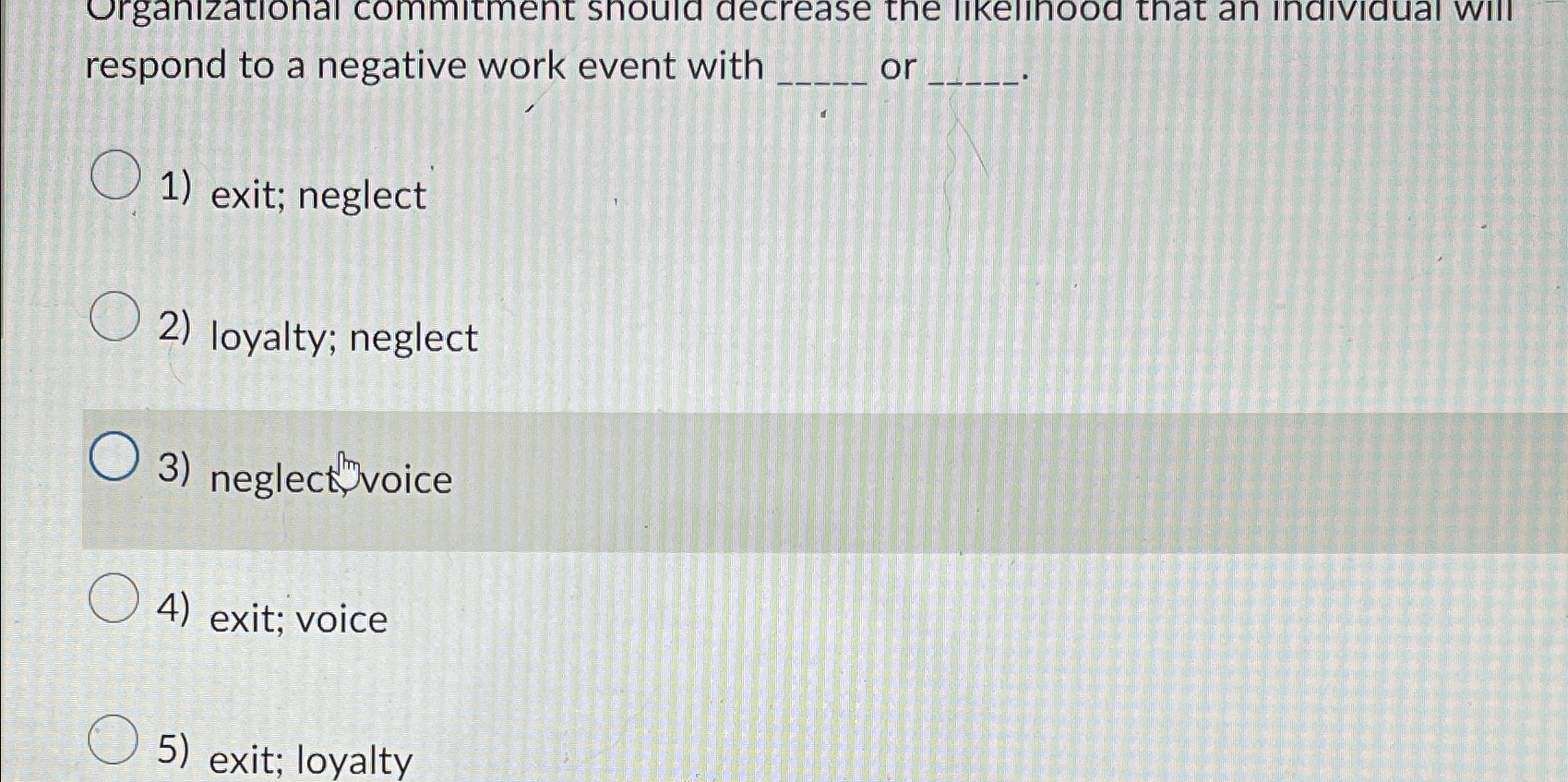  respond to a negative work event with or exit; neglect loyalty;