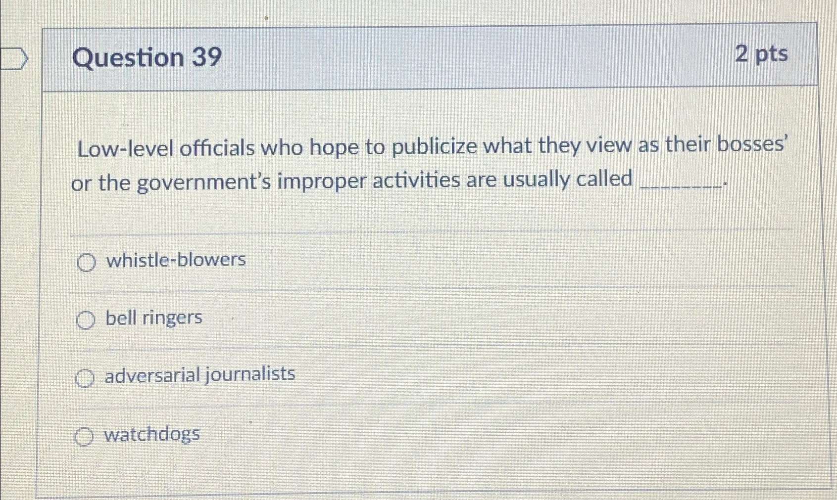  Question 39 2 pts Low-level officials who hope to publicize what