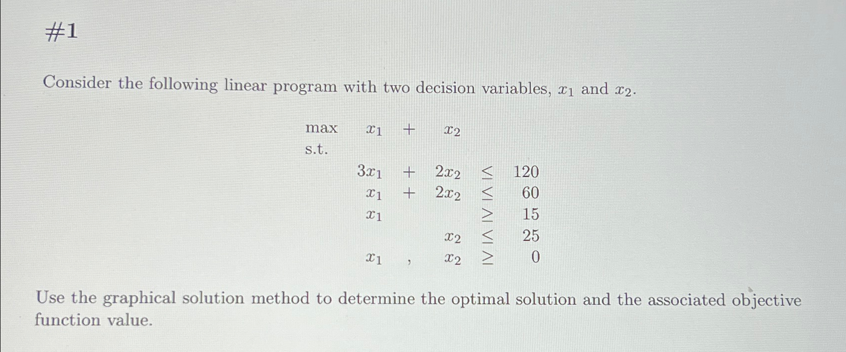  #1 Consider the following linear program with two decision variables, x1