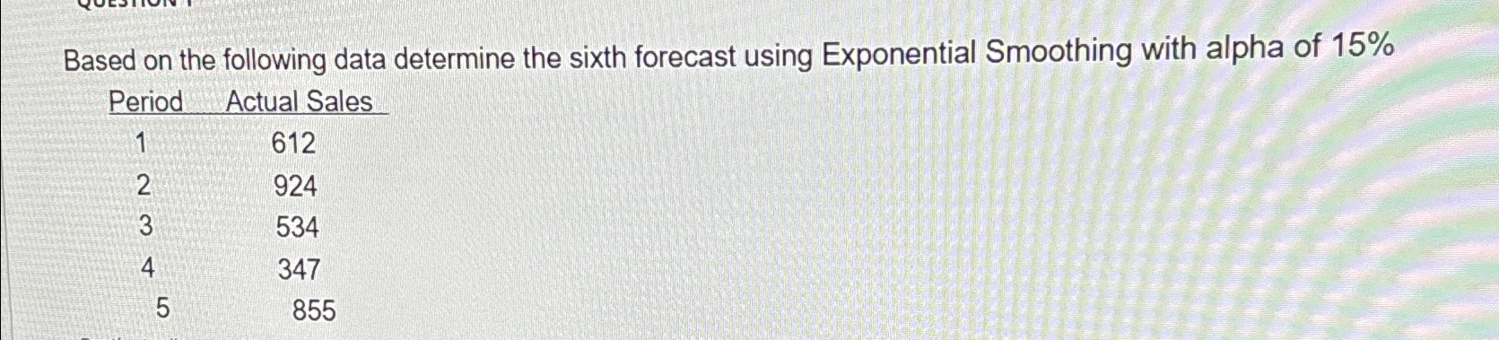  Based on the following data determine the sixth forecast using Exponential