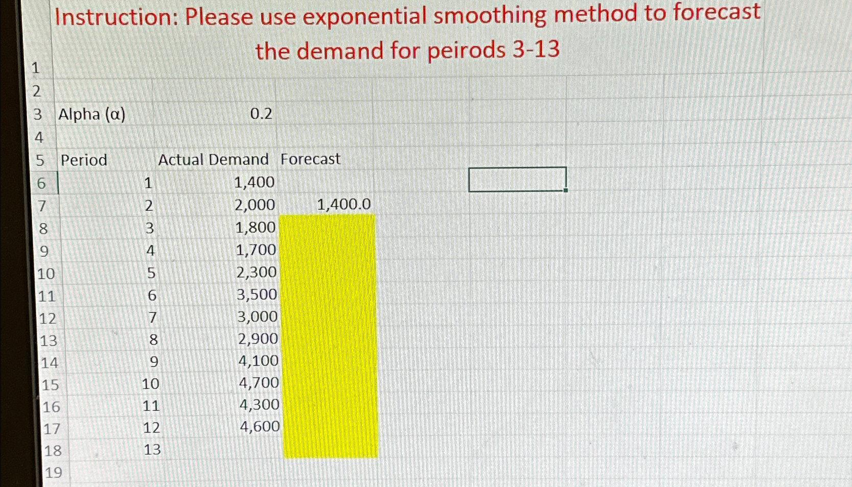  Instruction: Please use exponential smoothing method to forecast the demand for