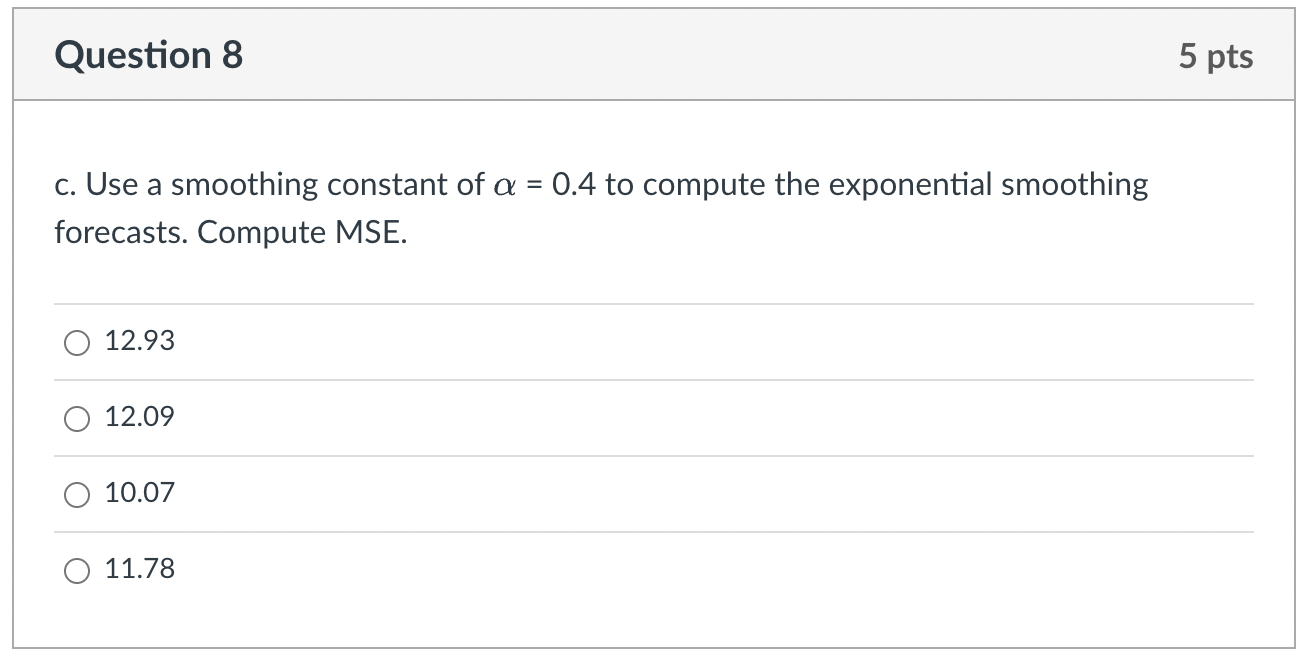 of \\( \\alpha=0.4 \\) to compute the exponential smoothing forecasts. Compute MSE.