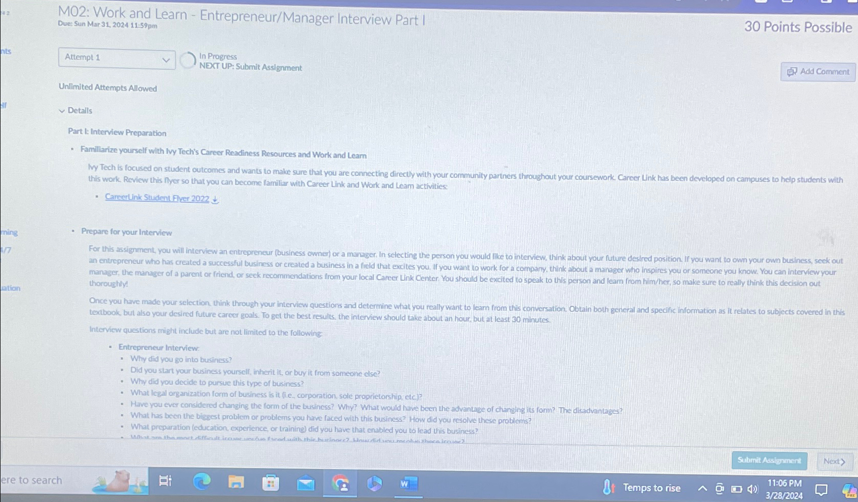  M02: Work and Learn - Entrepreneur/Manager Interview Part I Due: Sun