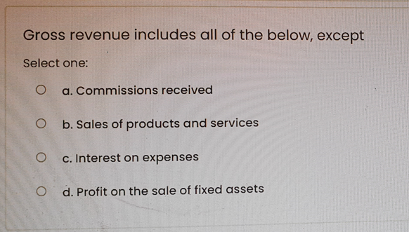 includes all of the below, except Select one: a. Commissions received b.