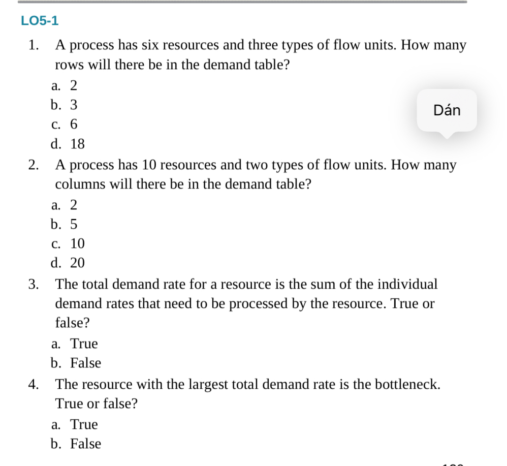  LO5-1 A process has six resources and three types of flow