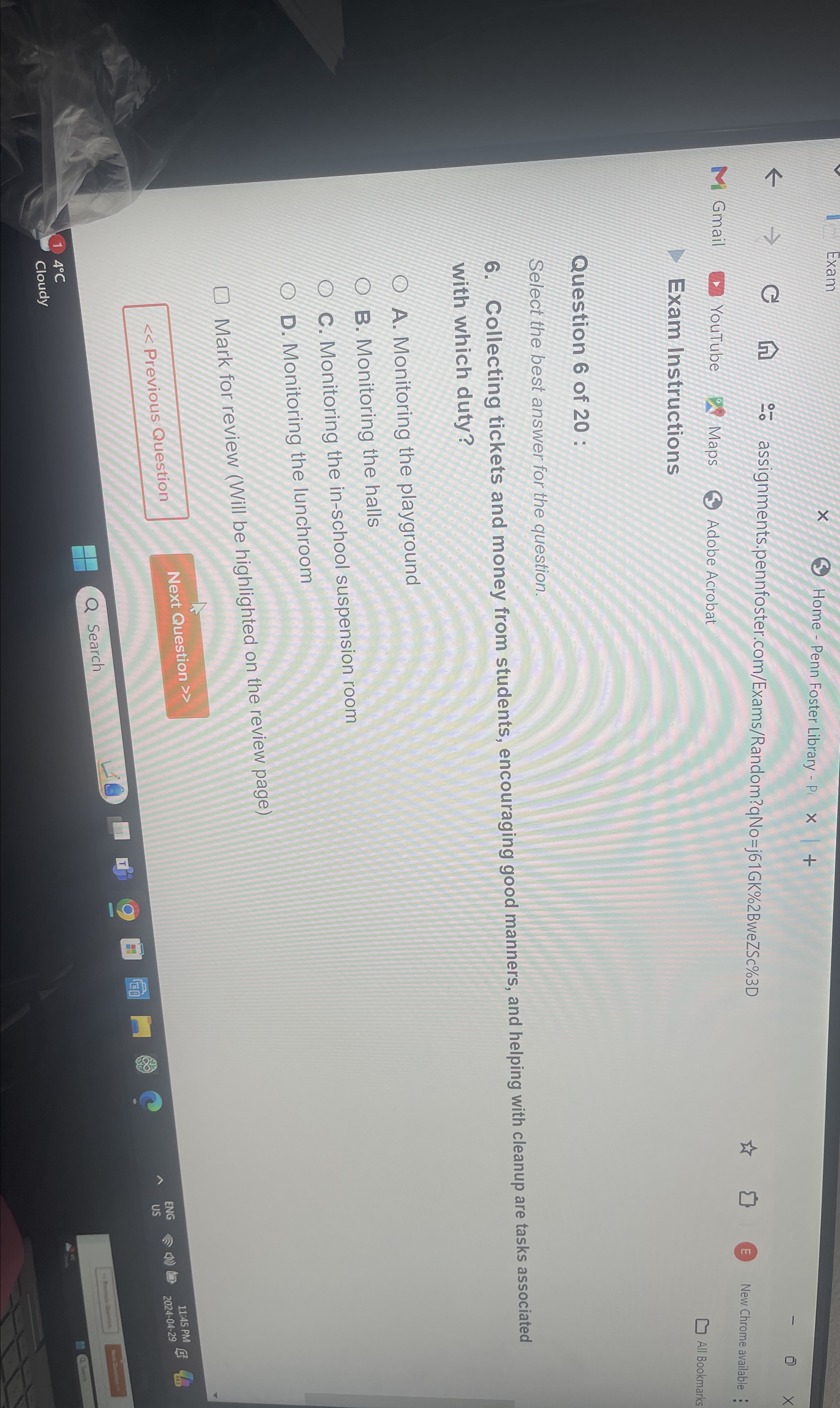  Exam Home - Penn Foster Library - P -- assignments.pennfoster.com/Exams/Random?qNo=j61GK%2BweZSc%3D Gmail