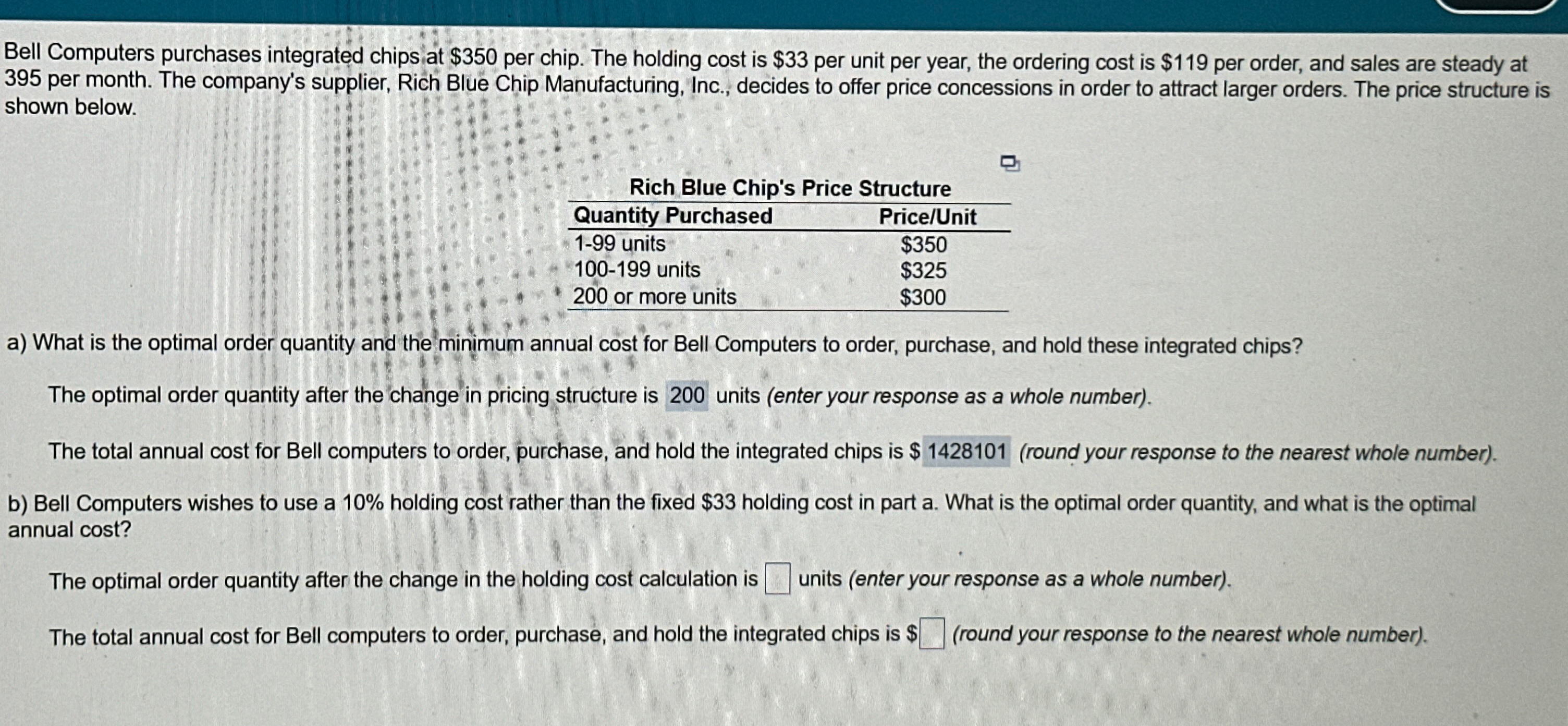  Bell Computers purchases integrated chips at $350 per chip. The holding