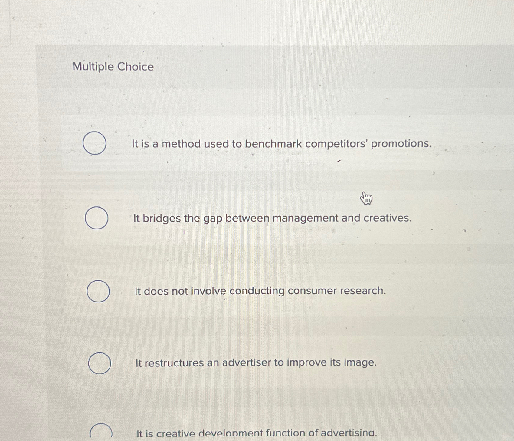 Multiple Choice It is a method used to benchmark competitors' promotions.